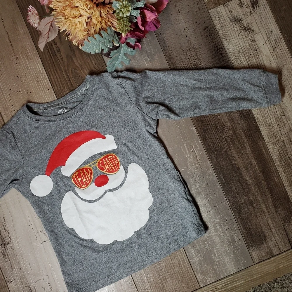 Carter's Kid Size 5/5A Gray Team Santa Cotton Graphic Print Long Sleeve Tee NWOT